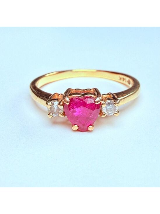 Unbranded Jewelry - 14K Solid Yellow Gold Red Genuine Ruby Heart & Diamond Vintage Ring